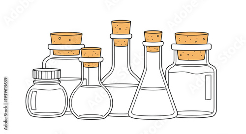 Assorted glass apothecary bottles with cork stoppers arranged in a cluster for chemistry, medicine, or storage concepts.