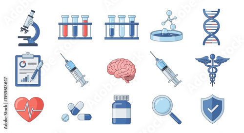 Medical Science & Healthcare Flat Icons Set: Laboratory Research, DNA, Brain, Syringe, Pharmacy, and Health Symbols