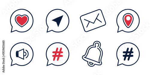 Set of social media interaction icons including heart, share, email, location, sound, hashtag, and notification bell symbols for digital communication and interface design