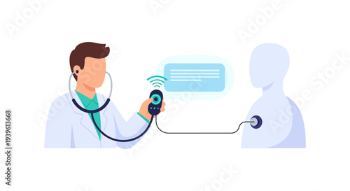 Doctor Using Wireless Digital Stethoscope for Telemedicine and Remote Patient Diagnostics. Modern Healthcare Technology.