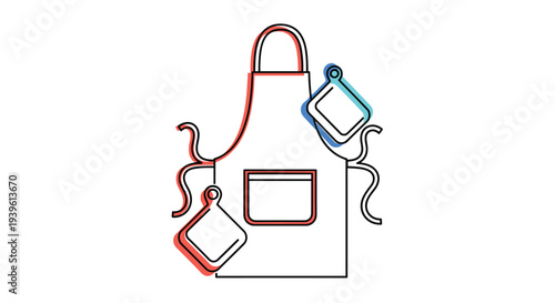 Kitchen apron outline combined with two square potholders featuring red and blue color offset effects for a modern artistic look.