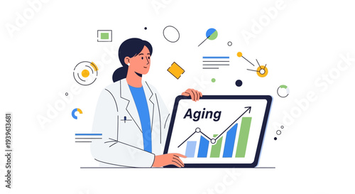 Doctor Scientist Researching Aging Trends and Anti-Aging Progress. Modern Scientific Study and Longevity Data Analysis Illustration.