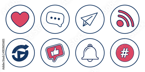 Set of social media icons including heart like chat message paper plane rss feed share thumbs up notification bell and hashtag symbols in circular frames