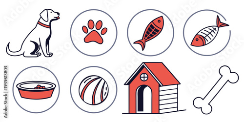 Set of pet care icons featuring dog, paw print, fish, food bowl, ball, dog house and bone