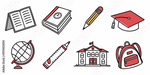 Set of school and education icons including books, pencil, graduation cap, globe, ruler, school building, and backpack