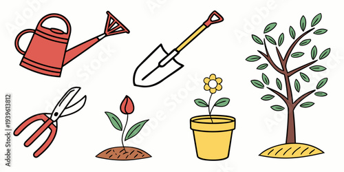 Set of garden tools and plants vector illustration
