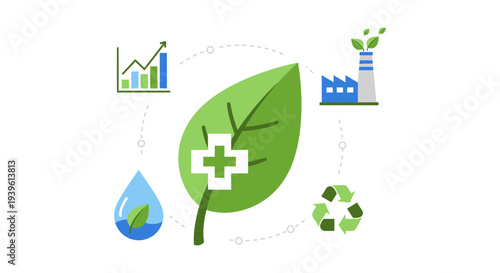Green Business & Sustainable Development: Eco-friendly Industry, Growth, Water, Recycling Icons