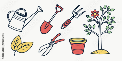 Set of garden tools and plant illustration