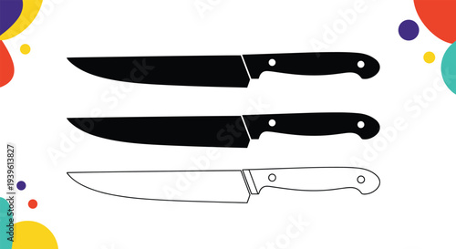 Collection of three kitchen knife silhouettes presented in solid and outlined styles with vibrant abstract corner decorations.