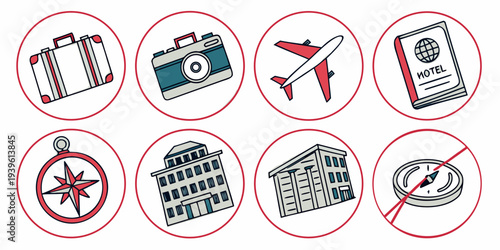 Set of travel and tourism icons featuring suitcase, camera, airplane, hotel passport, compass, and buildings in a circular red outline style
