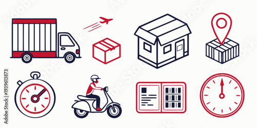 Set of logistics and delivery icons featuring truck, package, warehouse, location pin, stopwatch, scooter courier, and clock in a modern line art style