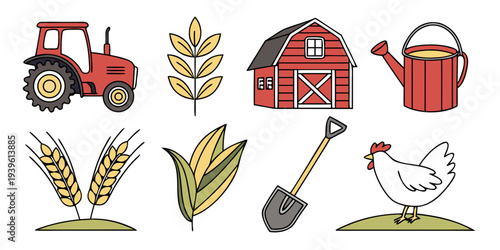 Set of cute farm icons with tractor barn chicken wheat shovel and watering can