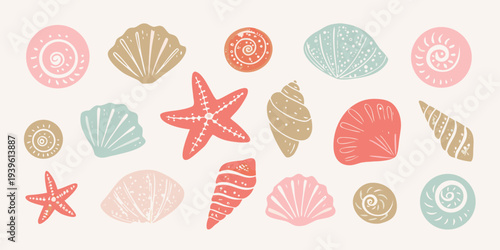 Collection of colorful seashells and starfish in a hand drawn style