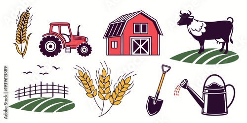 Set of farm icons with tractor, barn, cow, wheat, shovel, and watering can