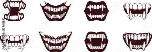 Vampire teeth silhouette collection, vampire fangs, toothed mouth dominates on white background.