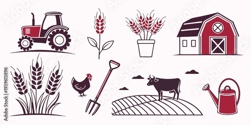 Set of farm and agriculture icons including tractor barn wheat chicken cow pitchfork and watering can