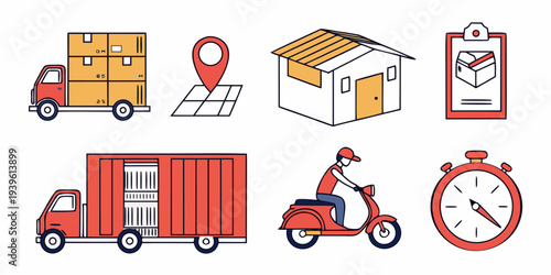 Set of logistics and delivery icons including trucks, warehouse, scooter, map pin, and stopwatch