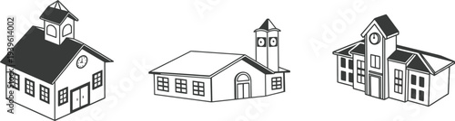Isometric School Building Icon Set, Hand Drawn Education Architecture Doodles