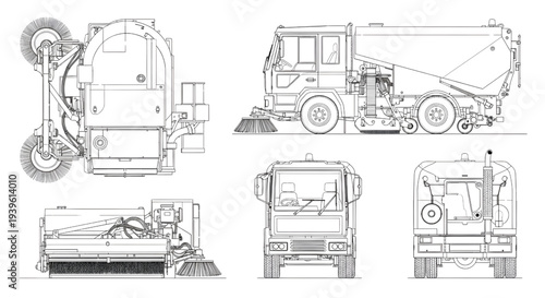 Street Sweeper Truck AutoCAD Blueprint Vector – Multi View Municipal Cleaning Vehicle Technical Drawing