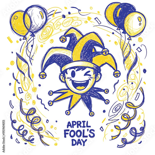 April fools day winking fool typography doodle with decorative card swirls.