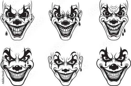 Scary sinister clown's face silhouette collection, curved lines extending from the eyes and cheeks, clowns ideas  on white background.