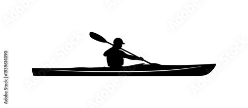 Vector silhouette of a person kayaking on a white background
