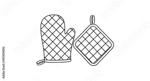 Simple outline drawing of a quilted oven mitt and a square potholder for heat protection in the kitchen during baking tasks.