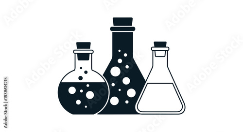 Selection of three chemical flasks with bubbling contents presented in solid black and outlined styles for scientific themes.
