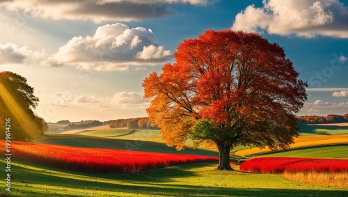Vibrant autumn landscape with colorful trees and fields in sunlight