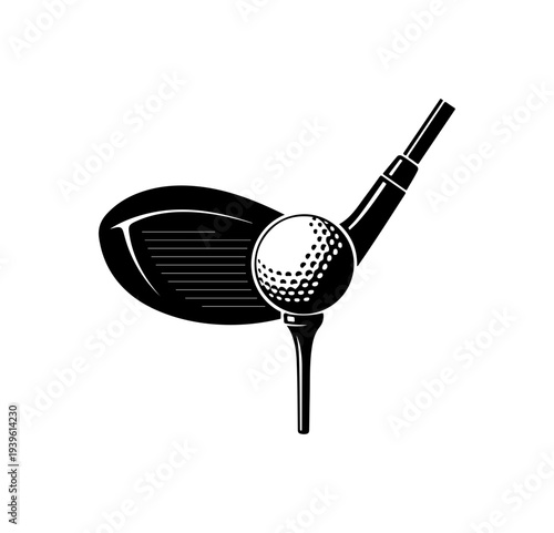 Vector golf club and ball icon, black and white illustration