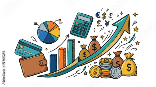 Financial growth and investment concept illustration showcasing business success with money management, savings, market analysis, and economic prosperity symbols