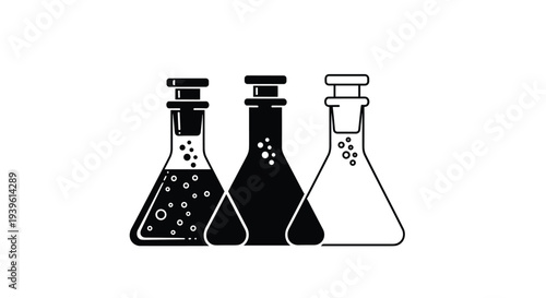Three conical Erlenmeyer flasks shown in different styles including dots solid black and outlines for laboratory research concepts.