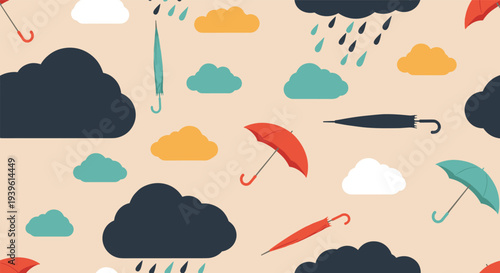 Seamless pattern of dark clouds raindrops and colorful umbrellas in orange red and blue over a light beige background for rain.