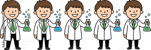 Cute scientist character holding laboratory flask experiment chemistry research science education cartoon vector illustration lab researcher set