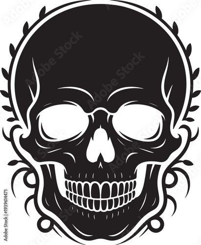 black skull with floral decoration