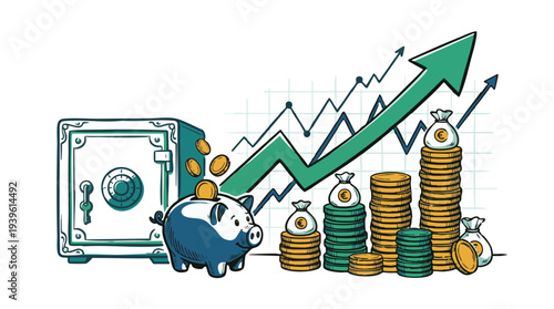 Dynamic illustration depicting financial growth, secure savings, and investment strategy with a piggy bank, safe, and an upward-trending stock market graph