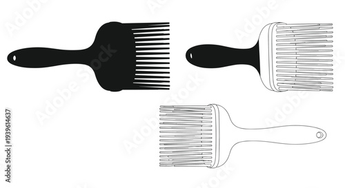 Set of three wide paintbrushes shown in solid black detailed outline and light dashed outline styles for creative art tools.