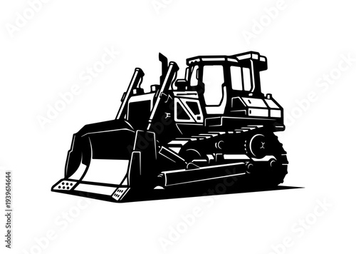 Vector bulldozer icon, black and white construction equipment illustration