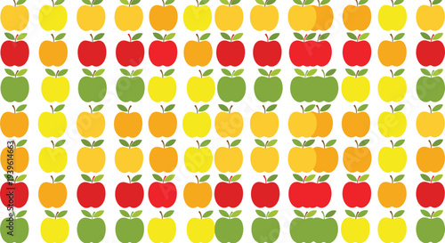 Organized grid pattern of many stylized small apples in red yellow green and orange colors for a healthy food or fruit theme.