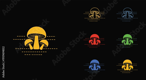 Cluster of seven colorful mushroom icons on a black background featuring a large yellow mushroom as the central element.