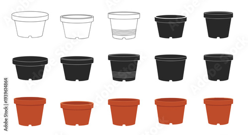 Collection of garden flower pot icons in different styles including outline, solid black silhouette, and terracotta brown versions.
