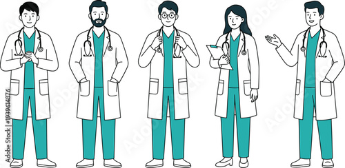 Doctor medical team vector illustration, healthcare professionals hospital staff with stethoscope uniform physician nurse medical service concept