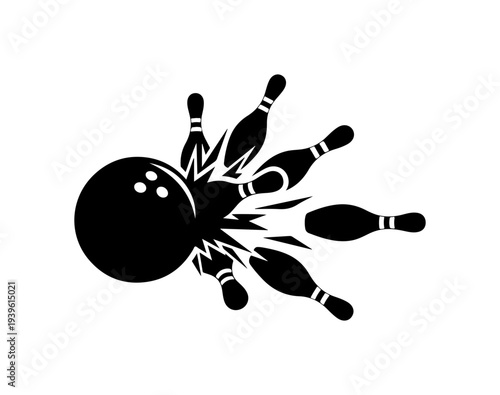 Black bowling ball and pins vector icon