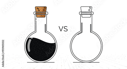 Comparison illustration of two laboratory flasks, one filled with black liquid and corked, the other empty, on white background.