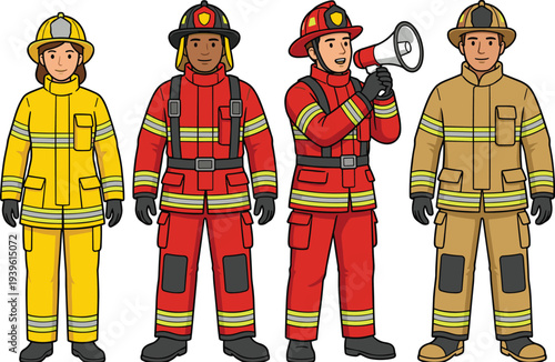 Firefighter team characters wearing protective uniform helmet with megaphone vector illustration emergency rescue workers cartoon fire department safety