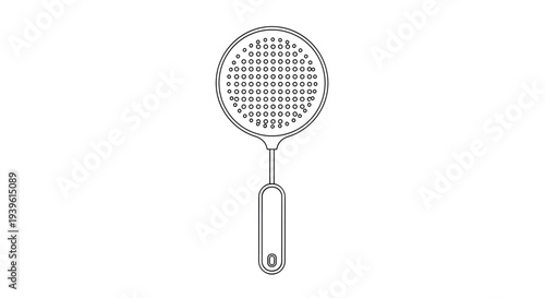 Simple line drawing of a kitchen skimmer or slotted spoon with a long handle and circular perforated head, isolated on white background.