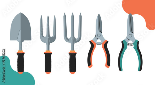 Collection of five colorful gardening tools including trowels, hand forks, and pruning shears, isolated on a white background.
