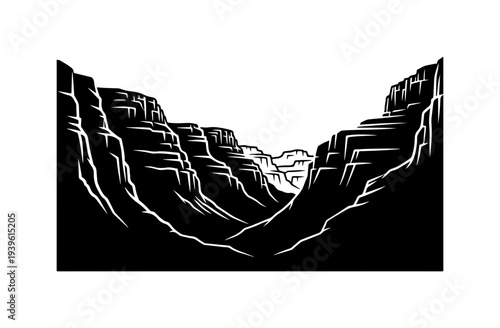 Vector canyon landscape illustration, black and white