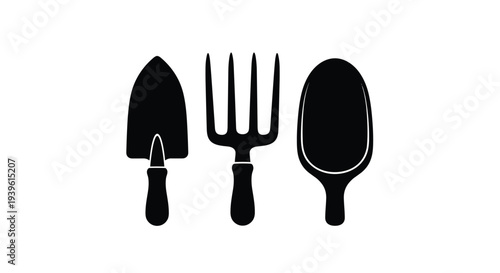 Three solid black silhouettes of common garden tools including a hand trowel, a garden fork, and a scoop, isolated on white background.