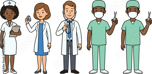 Healthcare workers team illustration, nurse, doctor and surgeons characters with medical tools, hospital staff concept, modern healthcare professionals